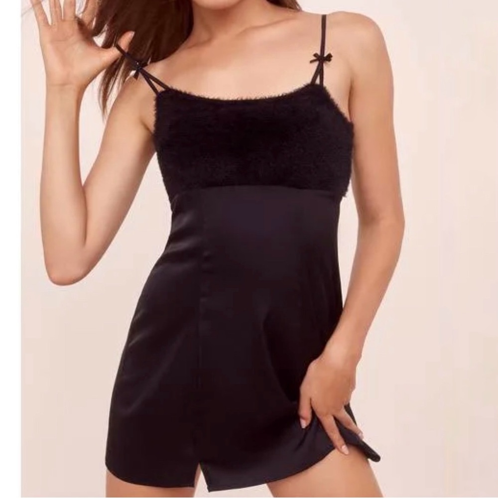For Love & Lemons Dress Fiona Faux Mohair & Satin Black Slip Dress Sz S EUC